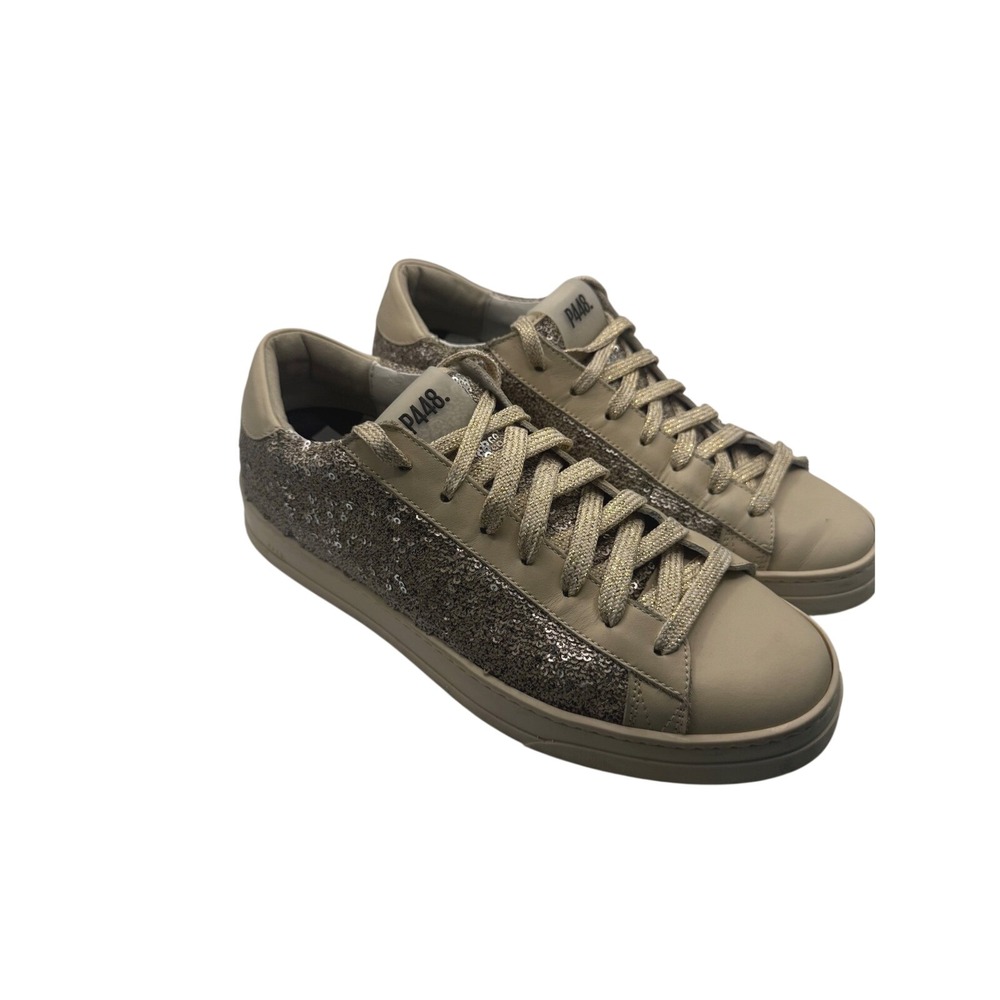 P448 John Sneakers Womens 39 Beige Excellent Sequin Low Top Lace Up